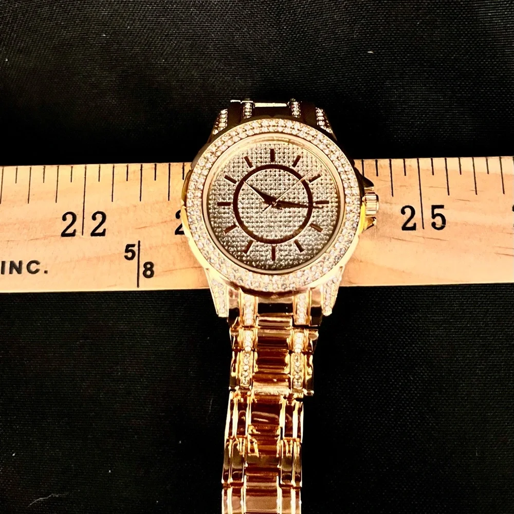FMDAL Oversized Gold Glitz Watch Iced Out Pavé Rhinestone Statement Bling Glam